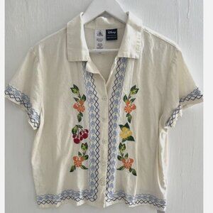 DISNEY HER UNIVERSE Minnie Mouse Embroidered Button Up Blouse Linen Blend Size L